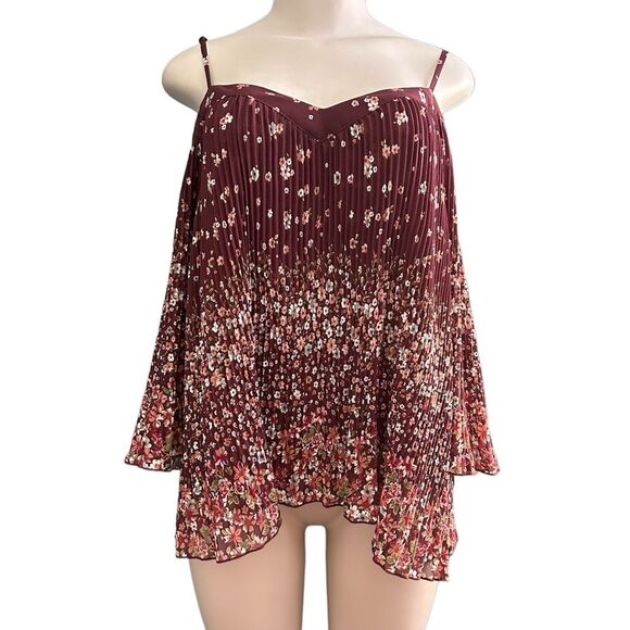 Bohemian Floral Burgundy Cold Shoulder Flutter Sleeve Blouse Size XL - Picture 1 of 8